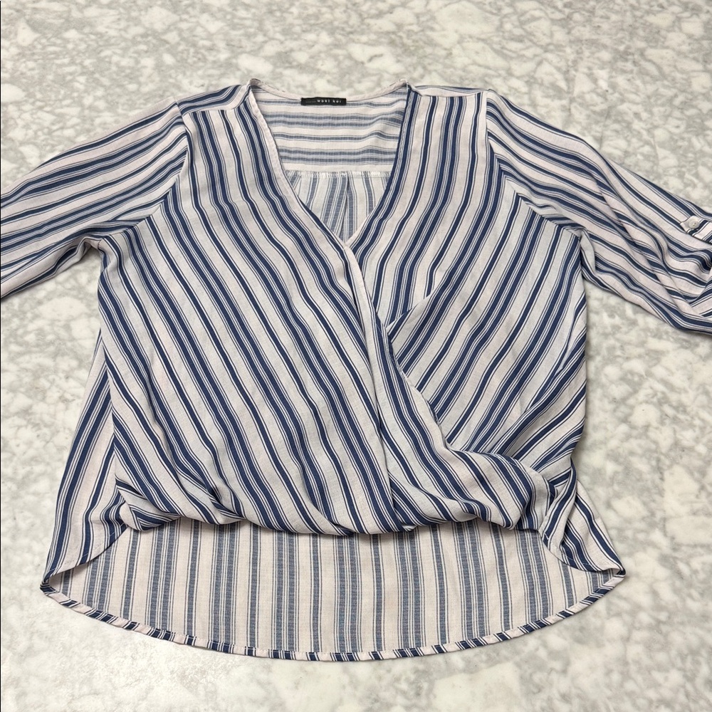 West Kei Blue and White Striped V-Neck Blouse